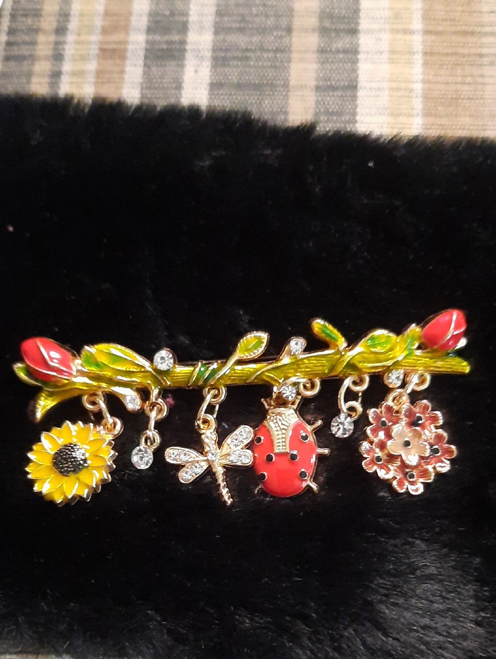Floral Garden Enamel Charm Brooch with Red Ladybug and Yellow Sunflower